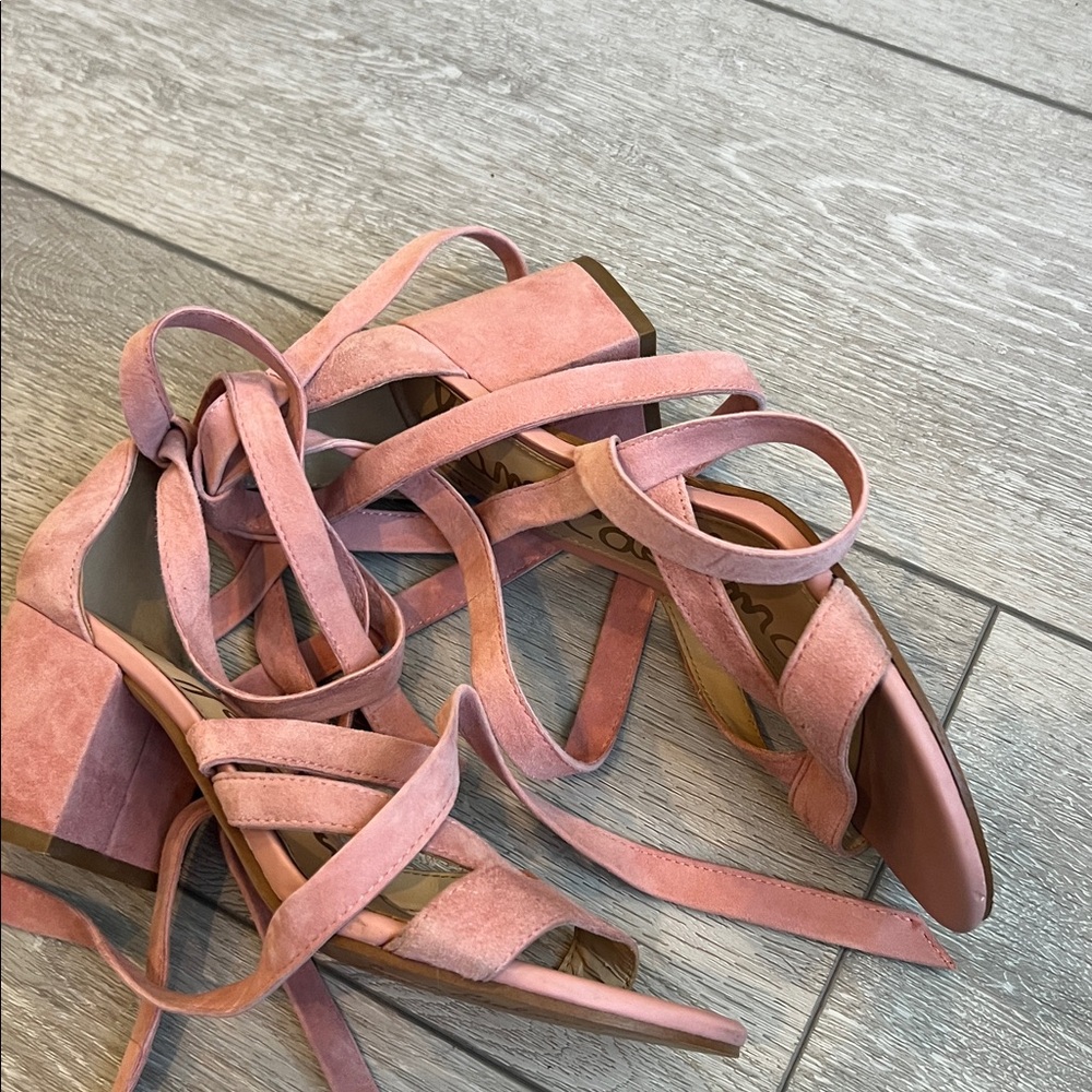 Sam Edelman Pink Suede ankle lace up low heel block heel Sandals size 7 - Picture 8 of 11